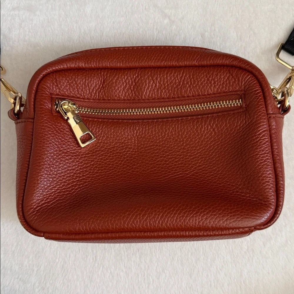Pom Pom London | Mayfair Pebbled Leather Crossbody Bag B&W Stripe Strap Brown - Picture 11 of 15